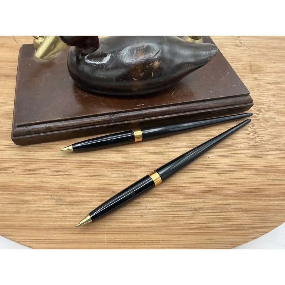Vintage Pen Holder Desk Set -wooden Duck With Brass‎ Beak And 2 Pens UCGC Taiwan